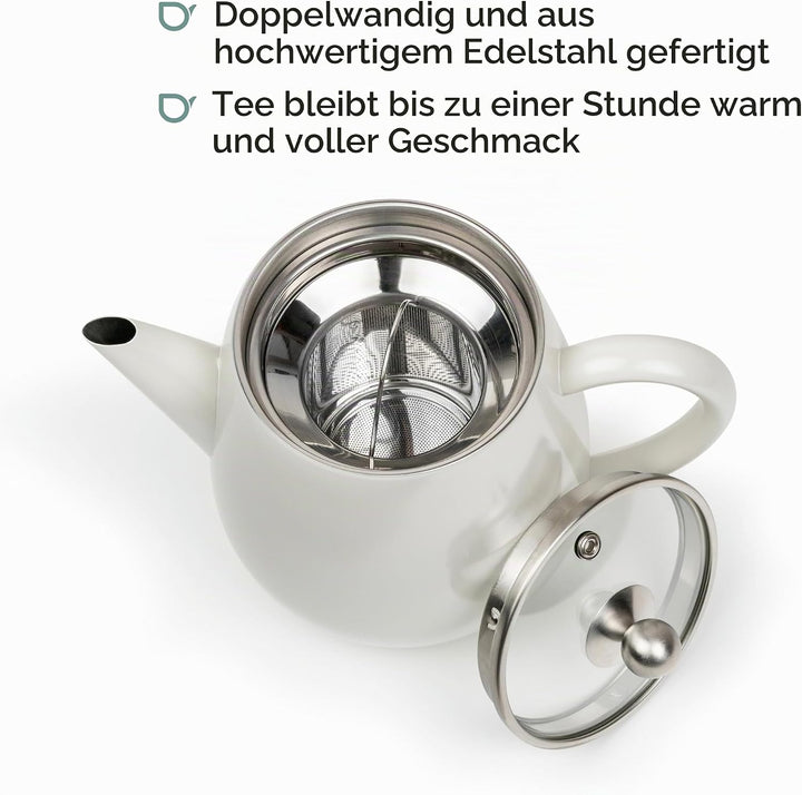 Doppelwandige Teekanne 1.1 Liter mit Filtersieb - isolierende weisse Edelstahl Kanne mit Glasdeckel