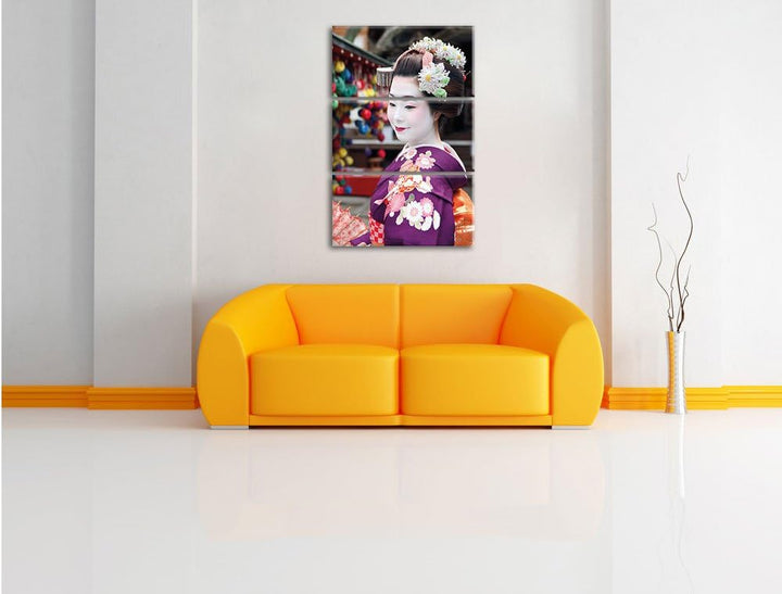 Pixxprint Anmutige Geisha mit Fächer 3-Teiler Leinwandbild 120x80 Bild auf Leinwand