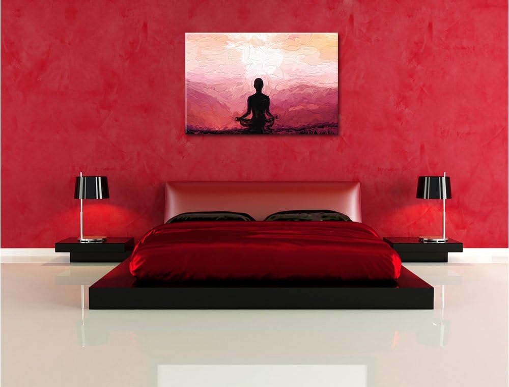 Pixxprint Meditierender Mensch in den Bergen Kunst Pinsel Effekt, Format: 100x70 auf Leinwand, XXL r