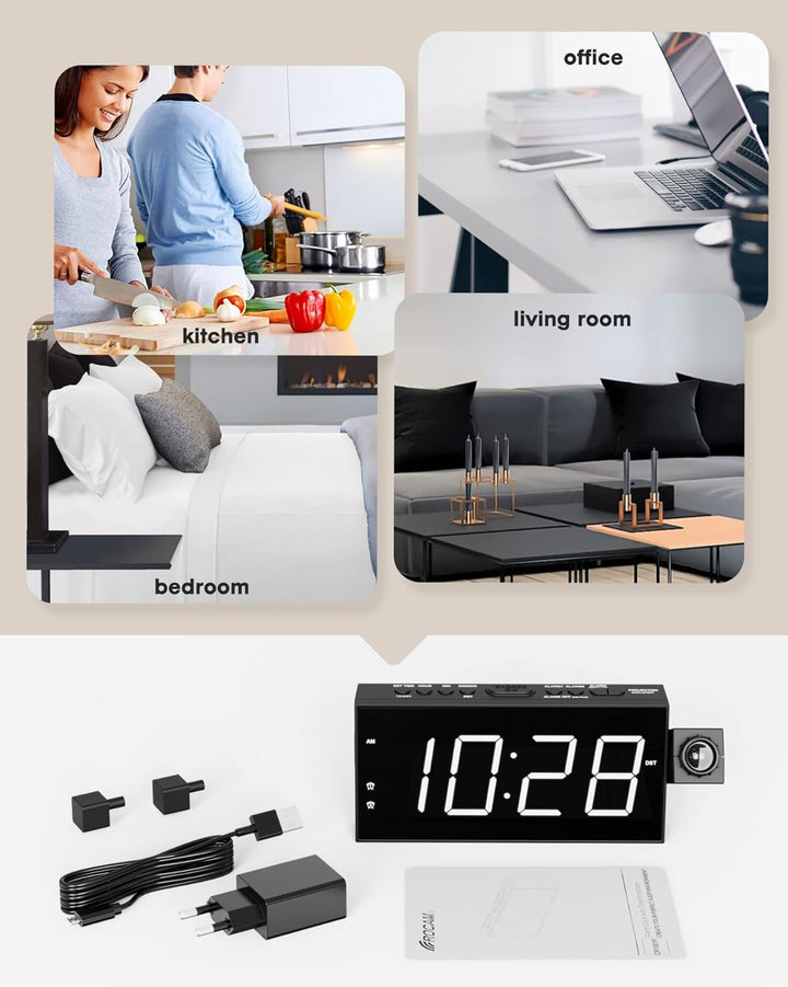 ROCAM Wecker mit Projektion für Schlafzimmer, LED Projektionswecker an der Decke mit USB Ladegerät,