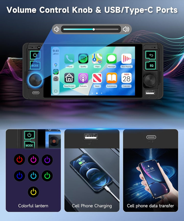 Hodozzy 1 Din Autoradio mit Drahtlos Carplay Android Auto, 5.1 Zoll In-Cell Bildschirm,Unterstützt B