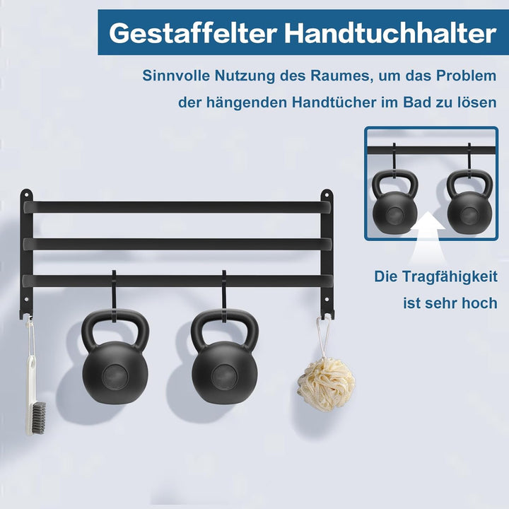 Handtuchhalter Schwarz 80cm,Handtuchhalter Ohne Bohren,Aluminium Handtuchregal Wandmontage 3-Stöckig