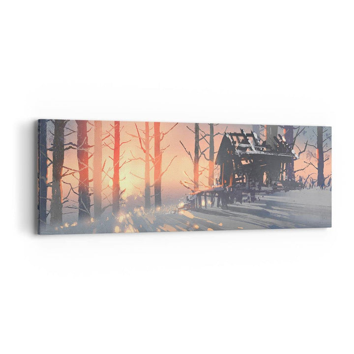 Panorama Bilder auf Leinwand Winter Wald Hütte Leinwandbild 90x30cm Wandbilder Dekoration Wohnzimmer