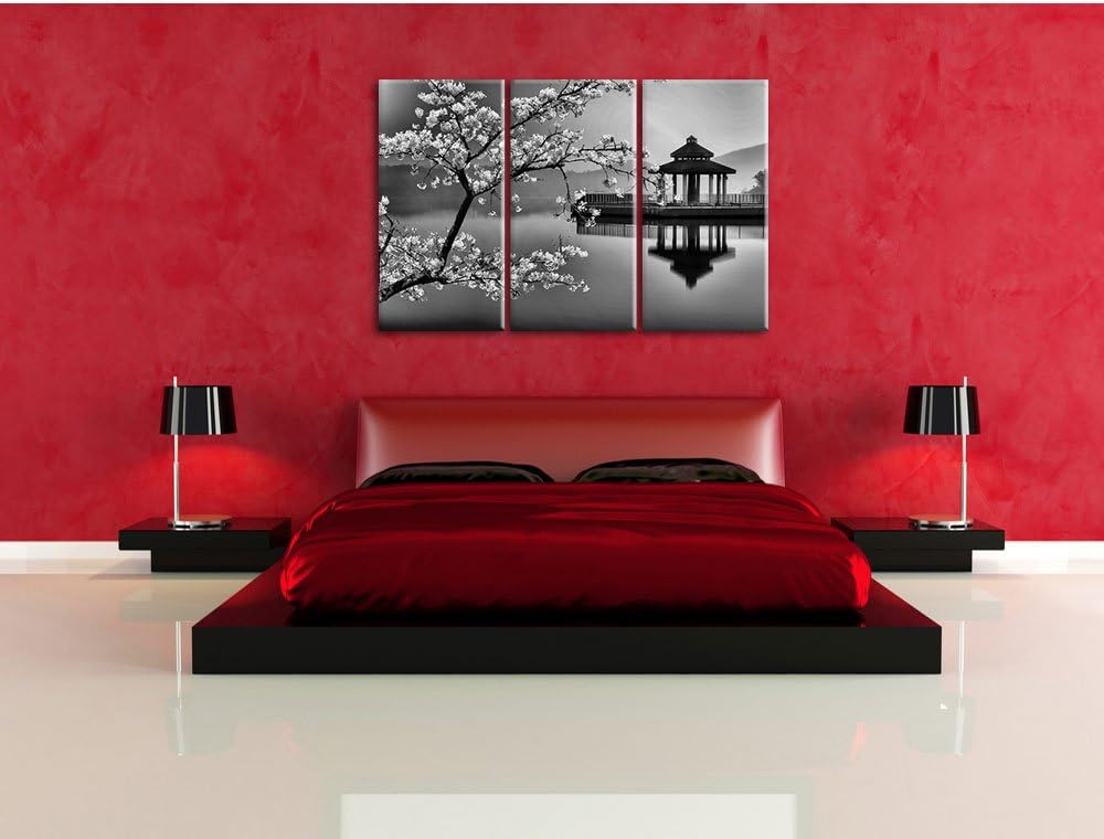 Pixxprint Kirschbaum an See als Leinwandbild/Grösse: 3 Teilig (120x80 cm) cm/Wandbild/Kunstdruck/fer