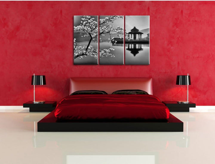 Pixxprint Kirschbaum an See als Leinwandbild/Grösse: 3 Teilig (120x80 cm) cm/Wandbild/Kunstdruck/fer