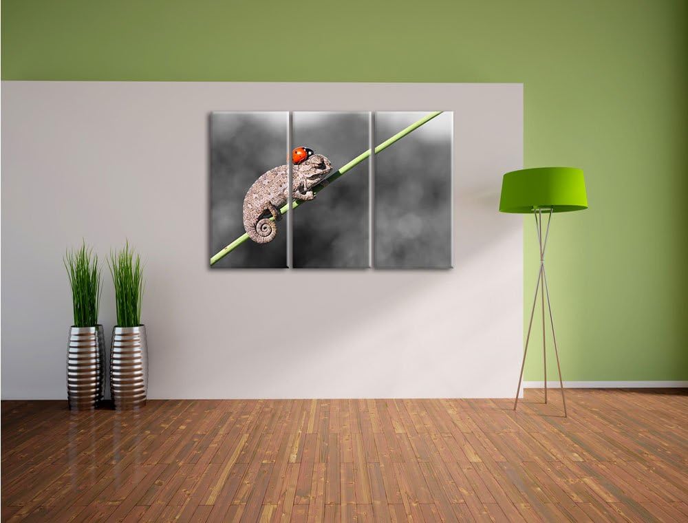 Pixxprint Süsser Gecko mit einem Marienkäfer als Leinwandbild | Grösse: 3 Teilig (120x80) | Wandbild