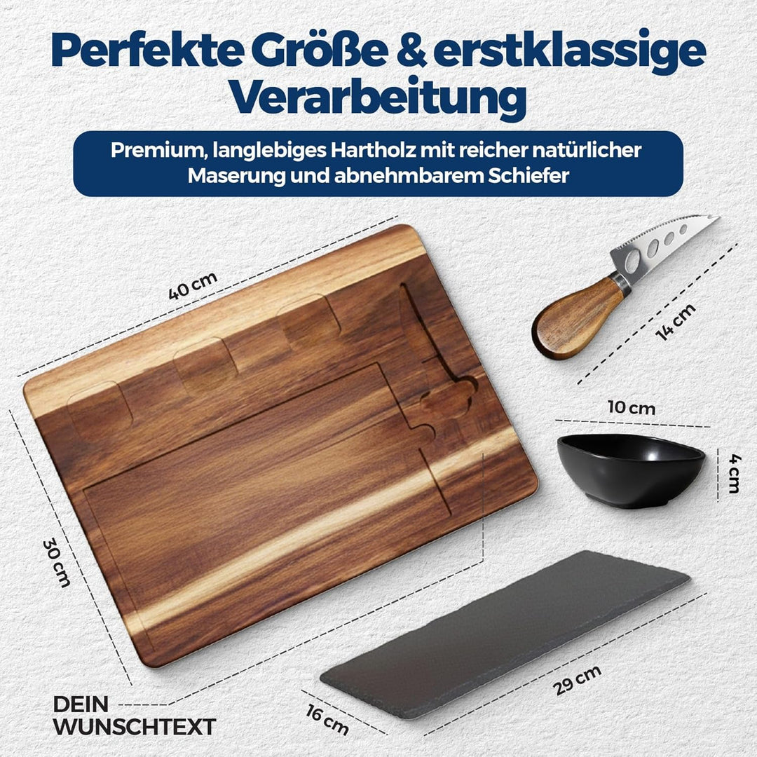 Servierbrett Set PERSONALISIERBAR mit Schieferplatte – Grosse Antipasti Platte aus Akazienholz inkl.