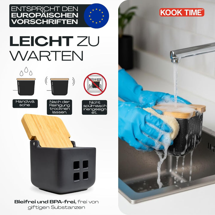 Kook Time Knoblauch Dose - Matt Schwarz Keramik Knoblauchtopf mit Bambusholz Deckel, Perfekte Knobla