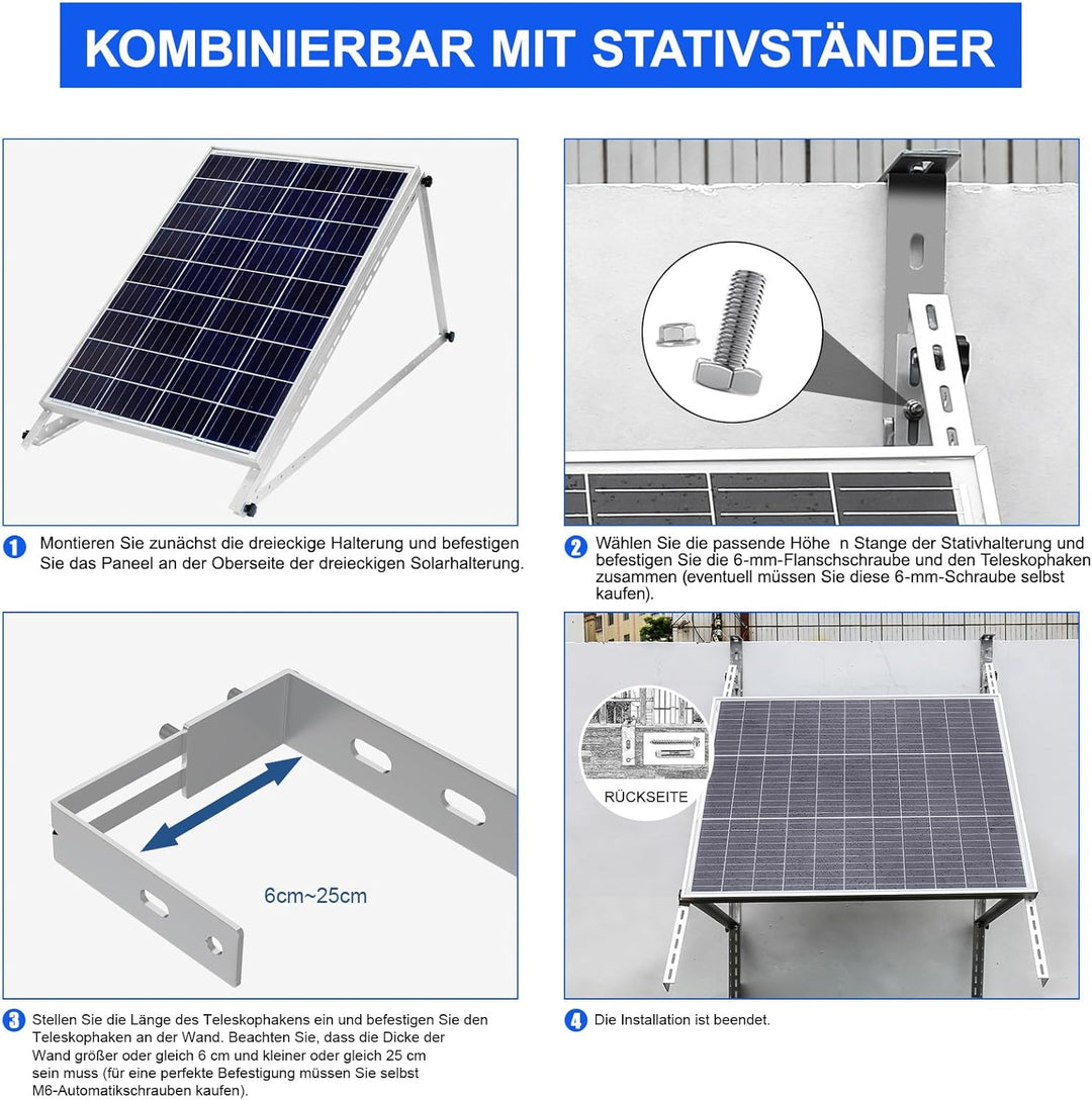 Einstellbare Solarpanel Halterung für Balkon & Flachdach, 2 Stück, Edelstahl, für Solarmodule 6-18 c