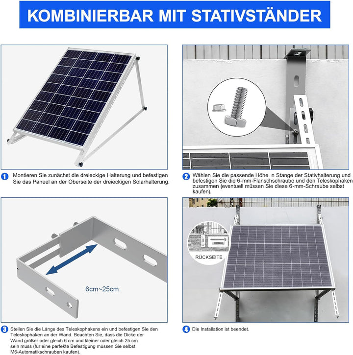 Einstellbare Solarpanel Halterung für Balkon & Flachdach, 2 Stück, Edelstahl, für Solarmodule 6-18 c