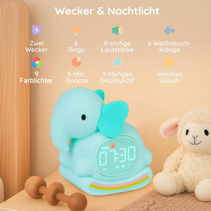 Yiliaw Grüner Elefant Kinderwecker mit Nachtlicht – Schlaftrainer & Aufwachuhr, wiederaufladbare Sil