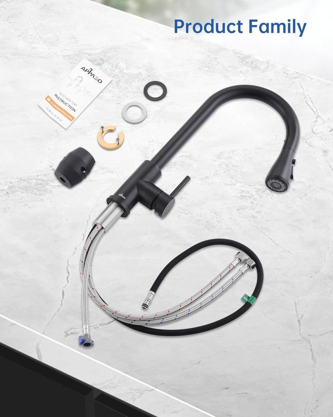 APPASO Wasserhahn Küche Schwarz, Hochdruck Küchenarmatur Ausziehbar, Mischbatterie mit 3 Strahlarten