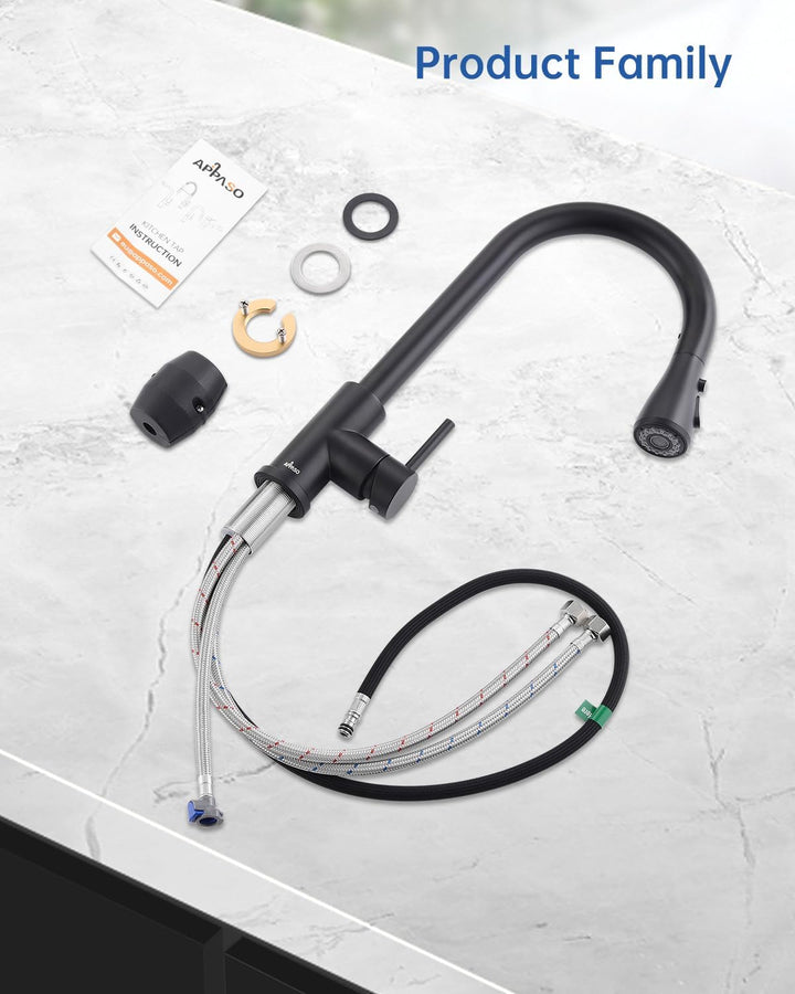 APPASO Wasserhahn Küche Schwarz, Hochdruck Küchenarmatur Ausziehbar, Mischbatterie mit 3 Strahlarten