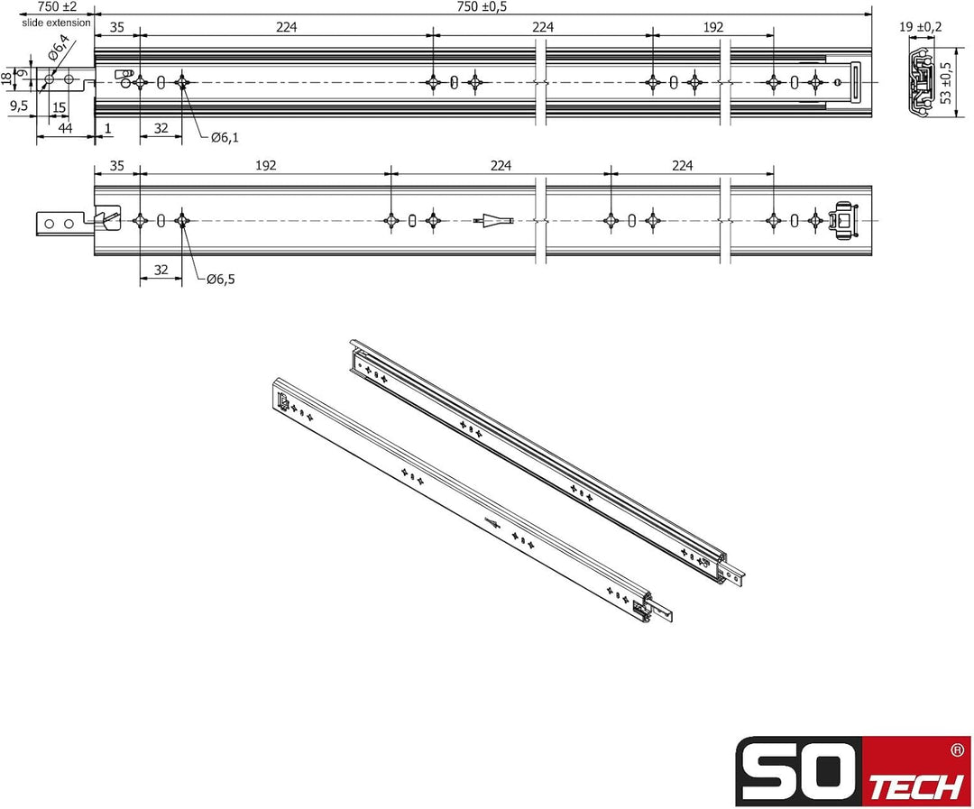 1 Paar SOTECH Schwerlastauszüge VarioSlide KV2-100-H53-L750-EH 750 mm mit Lock-in/out Einrastfunktio