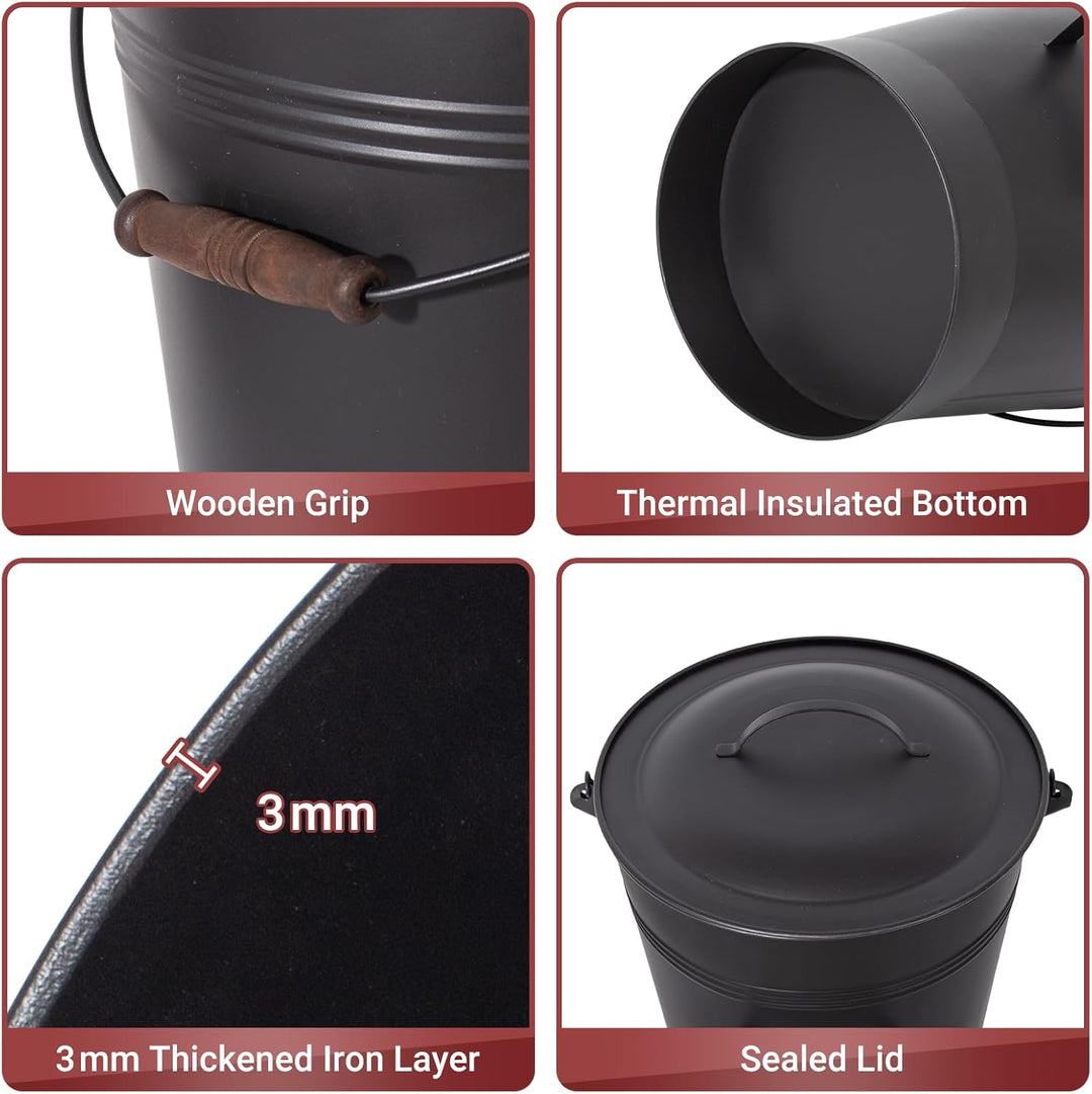 Todeco Ascheeimer Metall 19 L mit Deckel, Schaufel & Bürste, Hitzebeständiger, Holzgriff, Für Kamin,