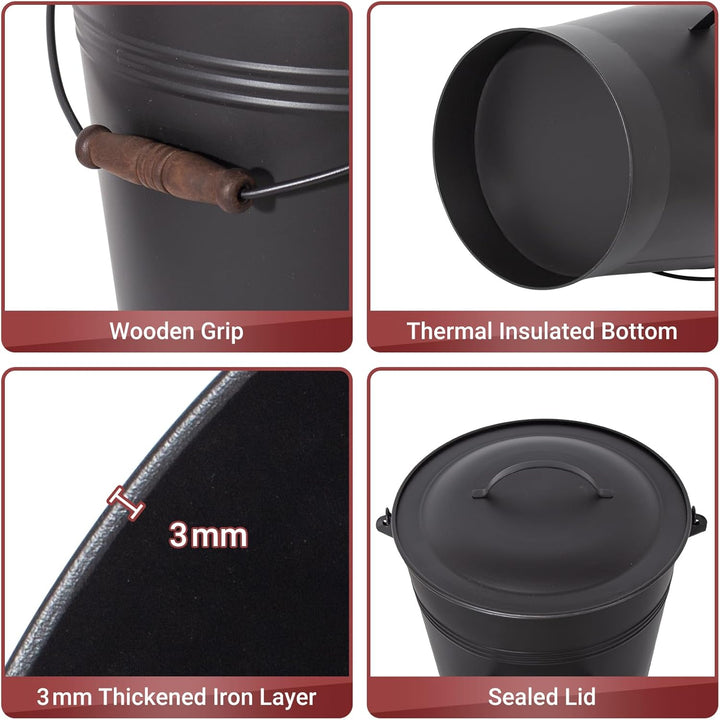 Todeco Ascheeimer Metall 19 L mit Deckel, Schaufel & Bürste, Hitzebeständiger, Holzgriff, Für Kamin,