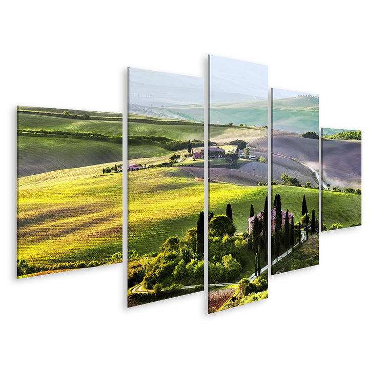 islandburner Bild auf Leinwand Toskana Landschaft Sonnenaufgang Bauernhaus Weinberg Bilder Wandbilde