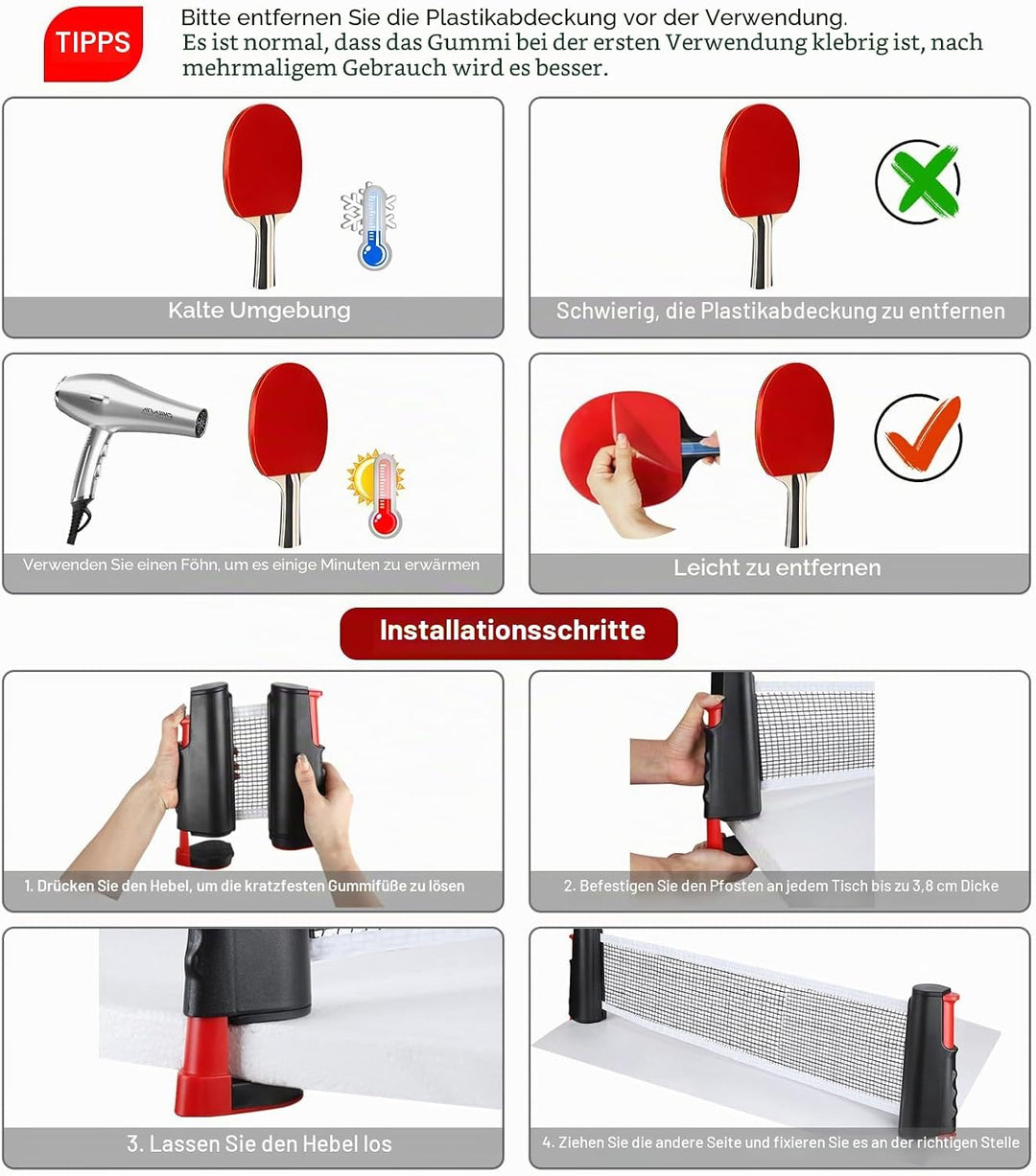 Tischtennisschläger Set,2 Schläger,6 Bälle,Einziehbares Tischtennisnetz und Tragetasche,Mobiles Tisc