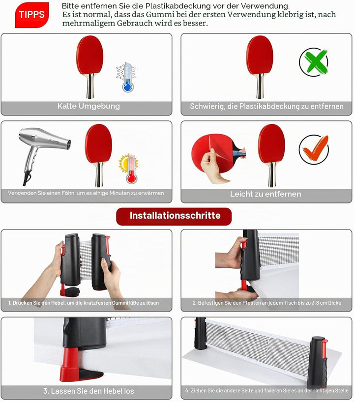 Tischtennisschläger Set,2 Schläger,6 Bälle,Einziehbares Tischtennisnetz und Tragetasche,Mobiles Tisc
