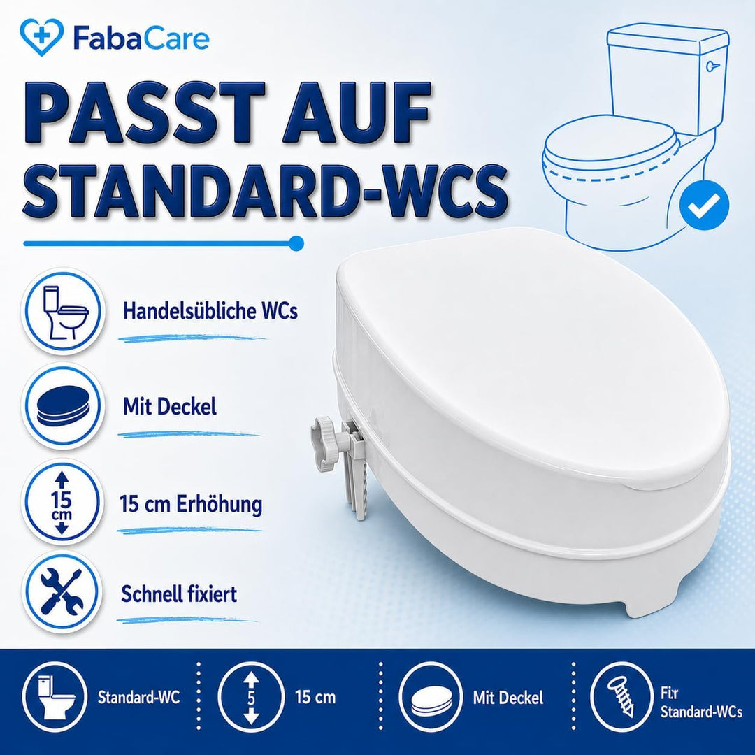 FabaCare Toilettensitzerhöhung Smart, Toilettenaufsatz, WC-Sitz bis 250 kg belastbar, 15 cm mit Deck