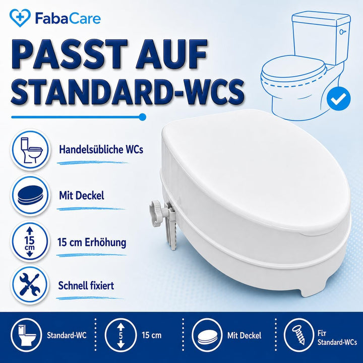 FabaCare Toilettensitzerhöhung Smart, Toilettenaufsatz, WC-Sitz bis 250 kg belastbar, 15 cm mit Deck