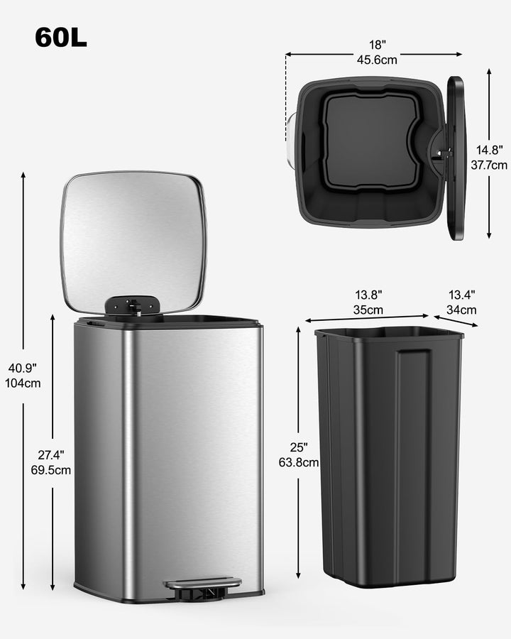 lovewind Mülleimer Küche 60L, Edelstahl Tretmülleimer mit Soft-Close Deckel, Herausnehmbarer Innenei