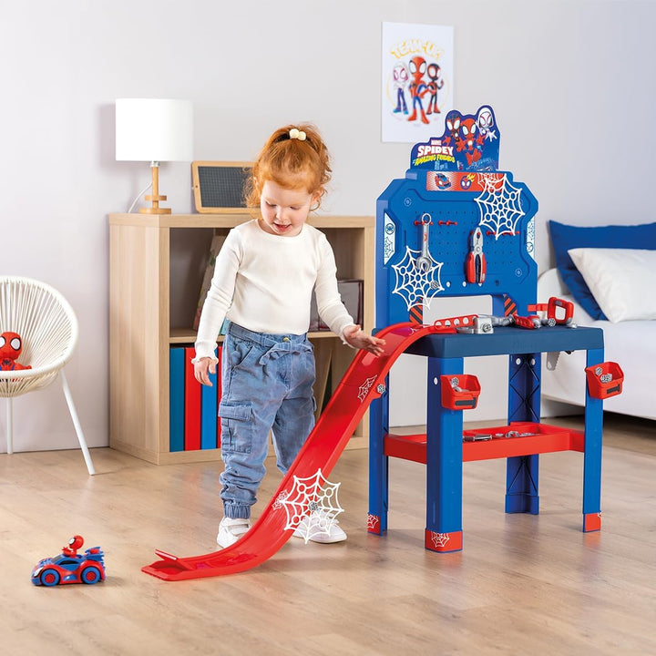 Smoby – Spidey Werkbank mit Sprungschanze – Werkcenter, 94 Zubehörteile mit 6 Werkzeugen &amp; Fahrzeug-