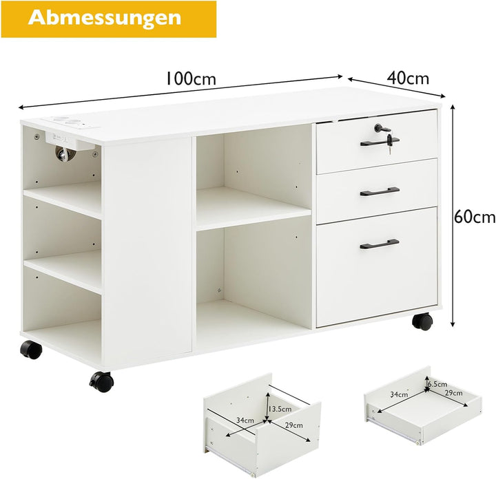 CLIPOP Rollcontainer,abschliessbar,mobiler Aktenschrank mit 5 Rollen,3 Schubladen,Schubladenschrank