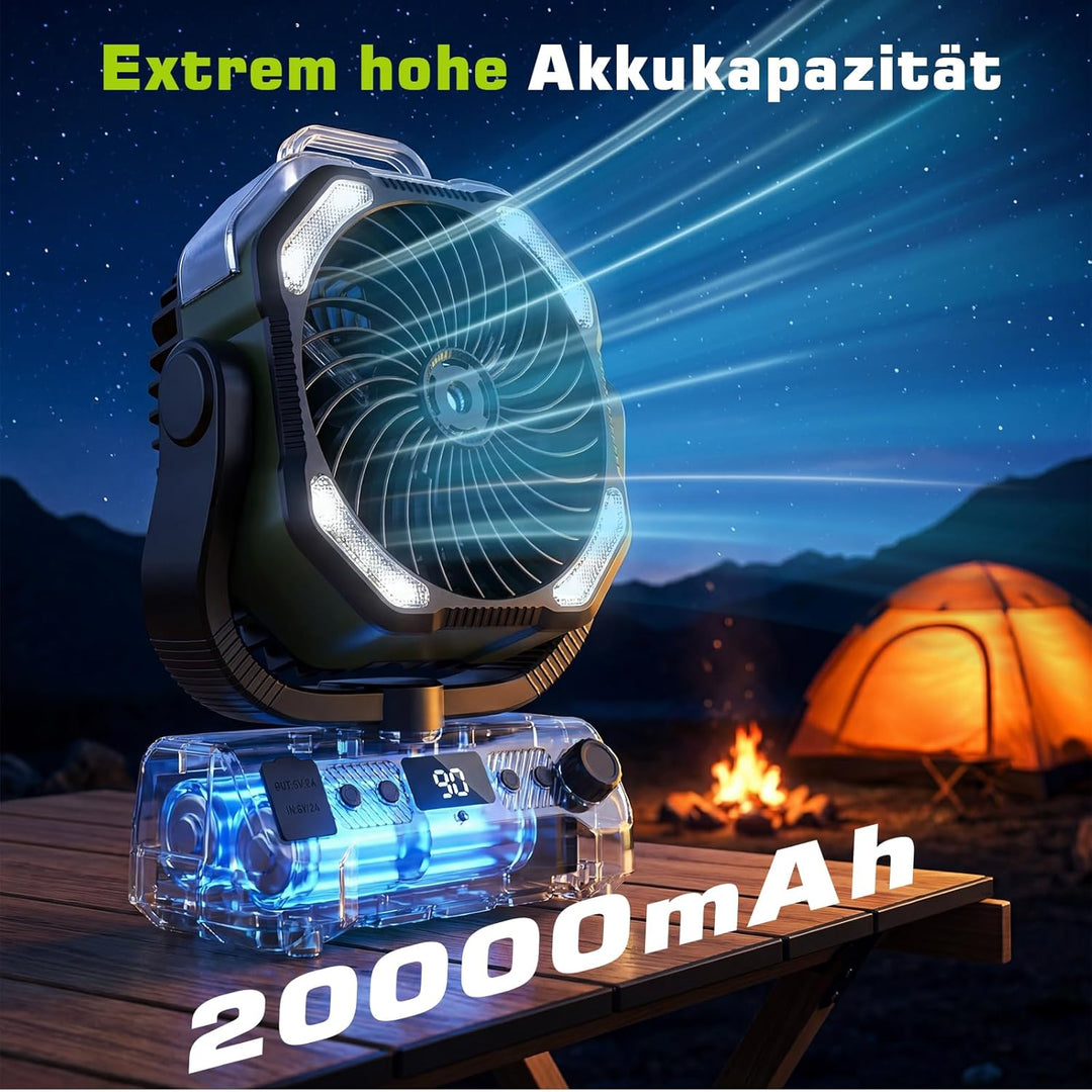 20000mAh Camping Ventilator Akku mit Licht, 0-100 Stufen Regelbar Outdoor Ventilator mit Sprühfunkti