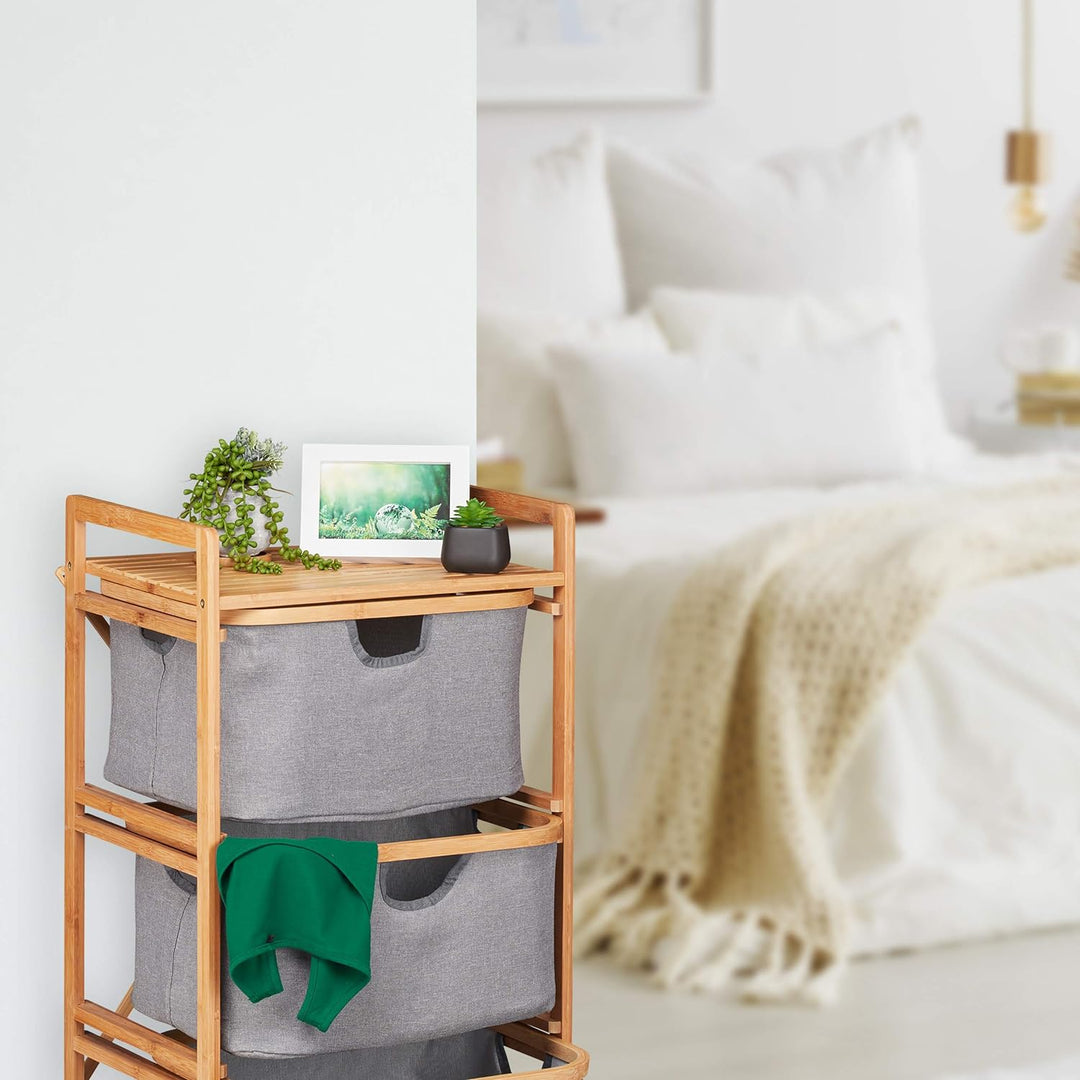 Relaxdays Wäschesortierer Bambus, 3 herausnehmbare Fächer, Bad & Schlafzimmer, Regal, HBT: 96 x 44 x