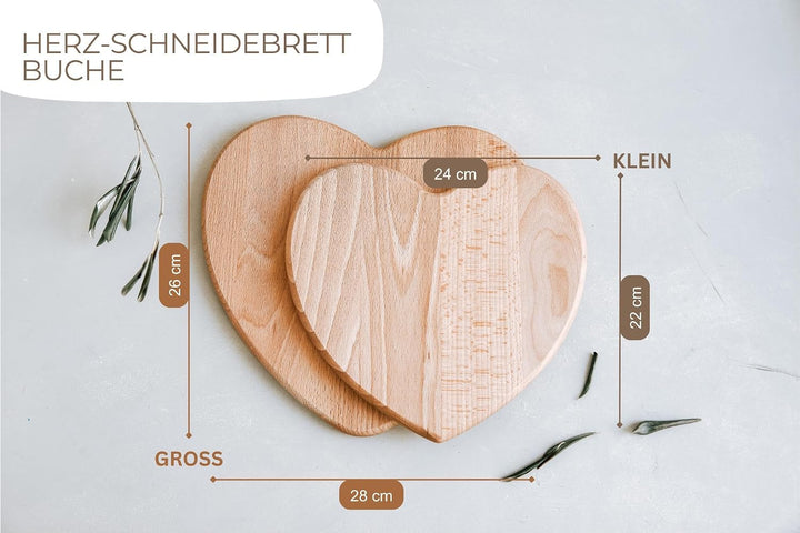Schneidebrett Herz Buche mit Gravur personalisiert, 2 Grössen Mit Eigener Gravur 28L x 26B cm, Mit E
