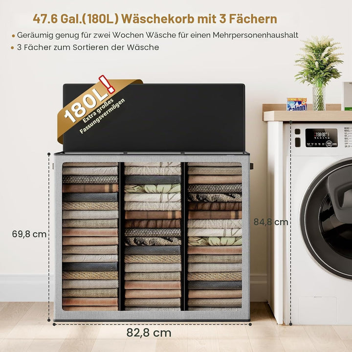SOLEDI 180L Wäschekorb, Wäschesammler mit Deckel, 3 Fächer und 3 Wäschesack - Grosser XXXL Wäschesor