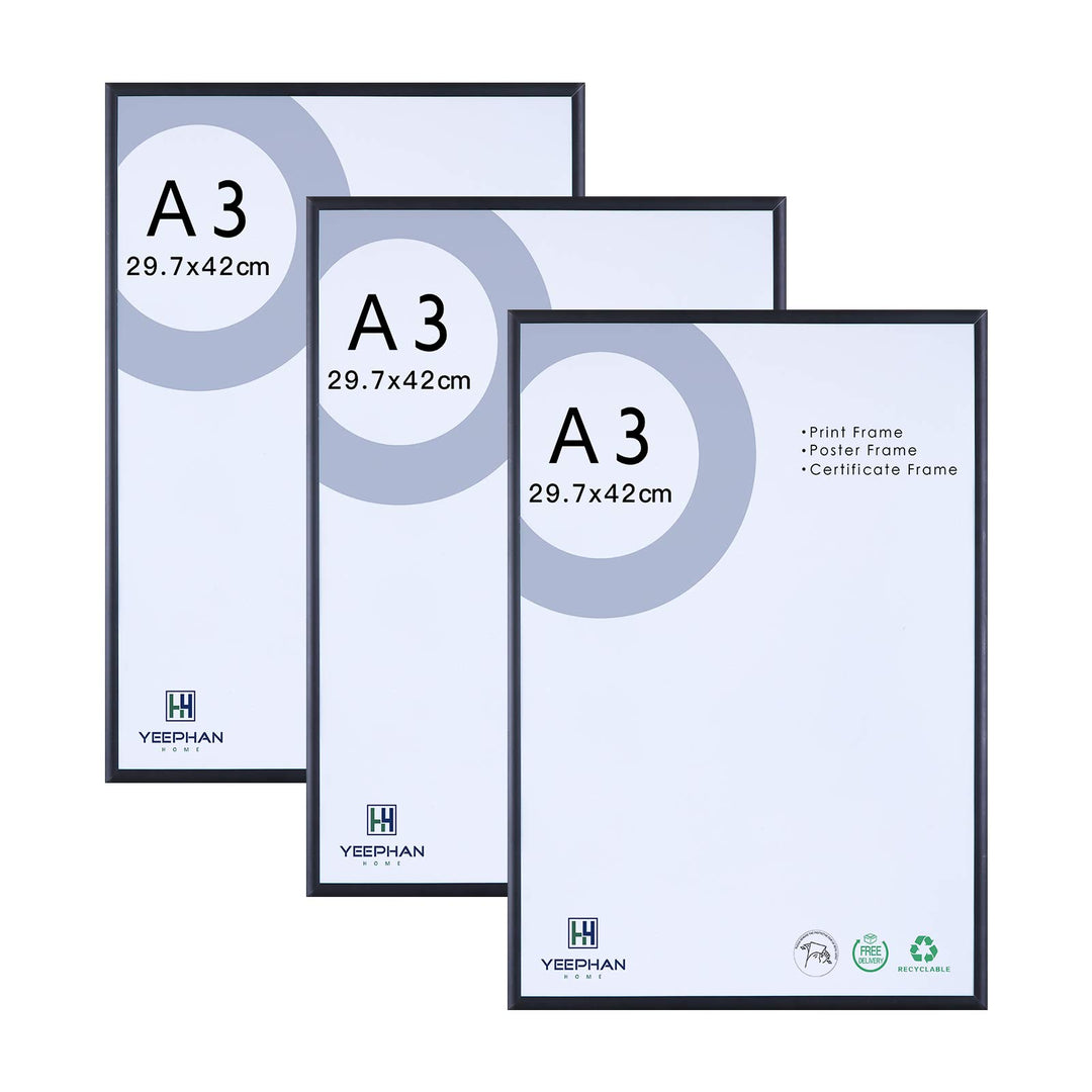 YEEPHAN Bilderrahmen, A3, Zertifikatrahmen, Posterrahmen – 29,7 x 42 cm, schwarzes Metall, Aluminium