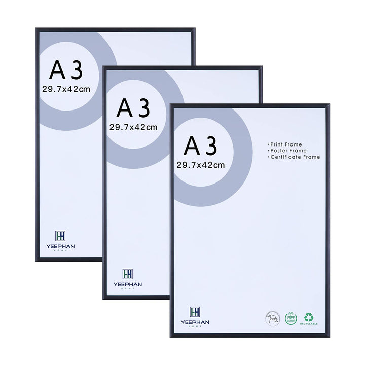 YEEPHAN Bilderrahmen, A3, Zertifikatrahmen, Posterrahmen – 29,7 x 42 cm, schwarzes Metall, Aluminium