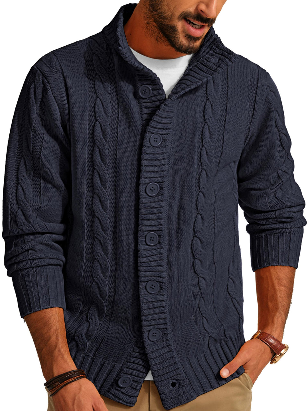 PJ PAUL JONES Herren Strickjacke mit Knopfverschluss Zopfmuster Strickjacke Cardigan mit Gerippter S