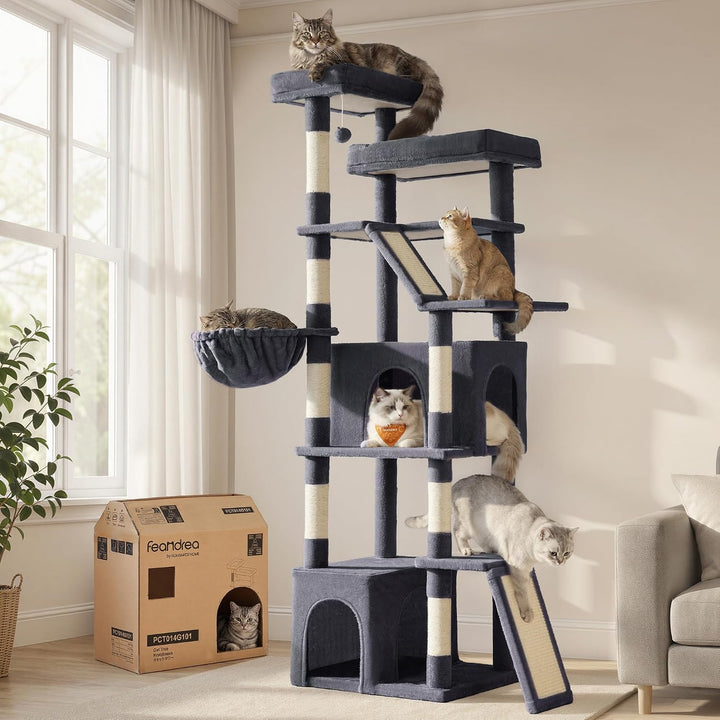 Feandrea Kratzbaum gross, 184,5 cm hoch, Katzenbaum, Katzenkratzbaum, mit 7 Kratzsäulen, 2 Kratzbret