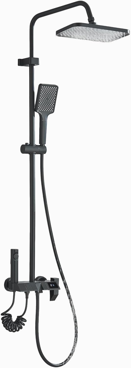 Komplettes schwarzes Duschset, bestehend aus einem Thermostat mit LED-Anzeige, einem 4-in-1-Regendus