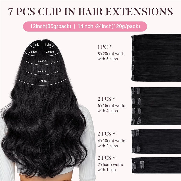 MAXITA Extensions Echthaar, 50cm 20 Zoll 120g 7 Stück Tief Schwarz Clip in Extensions Echthaar Remy