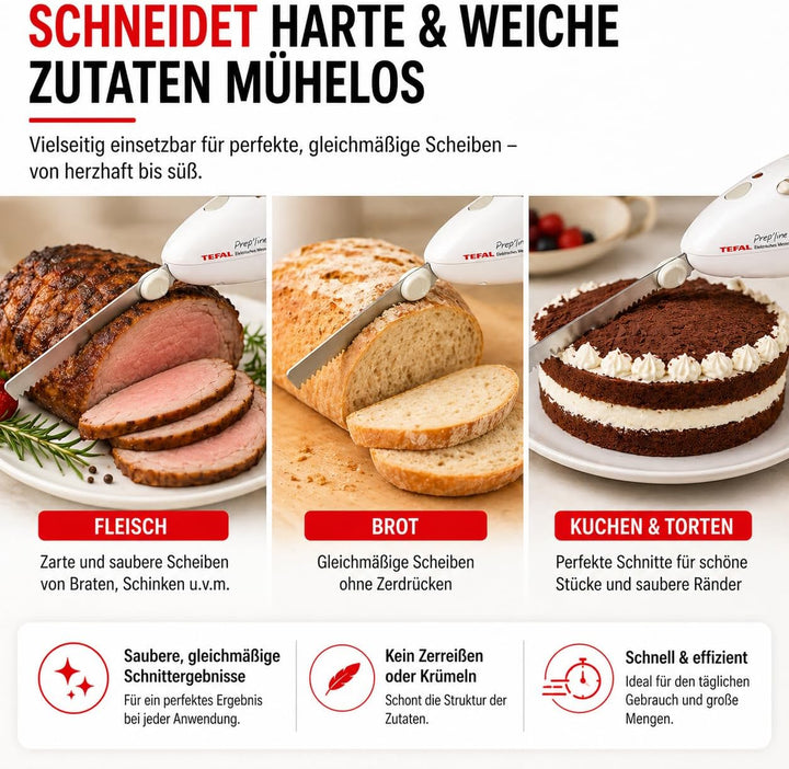 Tefal 8523.31 Elektrisches Messer | 100 Watt | Edelstahlkling | geeignet für Tiefkühl-Gut | weiss/gr