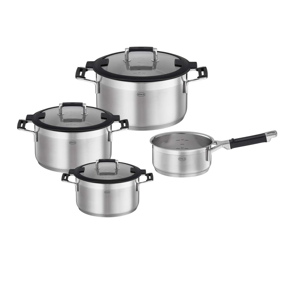 RÖSLE SILENCE PRO Topf-Set 4-teilig, hochwertiges Universaltopfset mit 3 Kochtöpfen und 1 Stielkasse