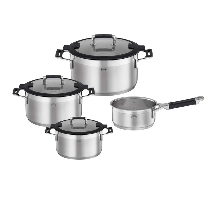RÖSLE SILENCE PRO Topf-Set 4-teilig, hochwertiges Universaltopfset mit 3 Kochtöpfen und 1 Stielkasse
