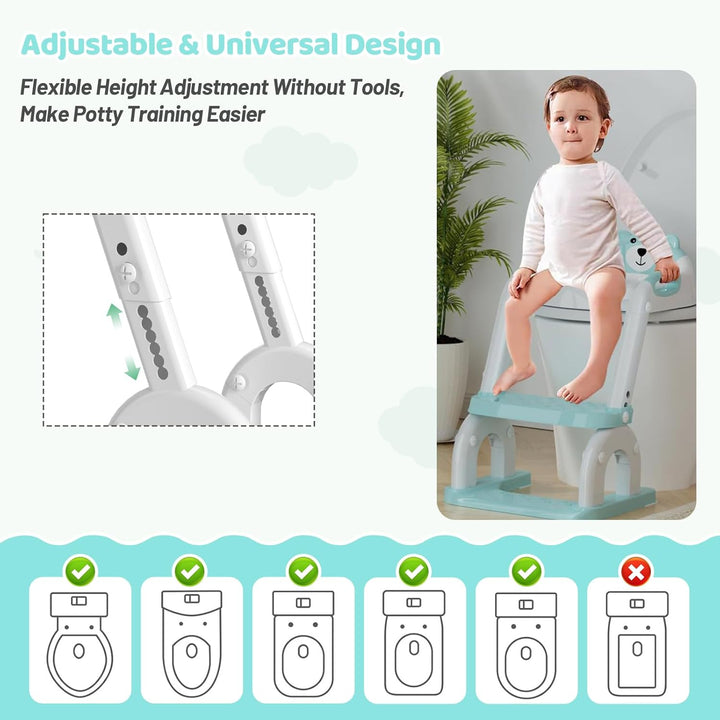 8-fach höhenverstellbarer 2-in-1 Toilettensitz Kinder mit Treppe, Klappbarer Tritthocker mit Spritzs