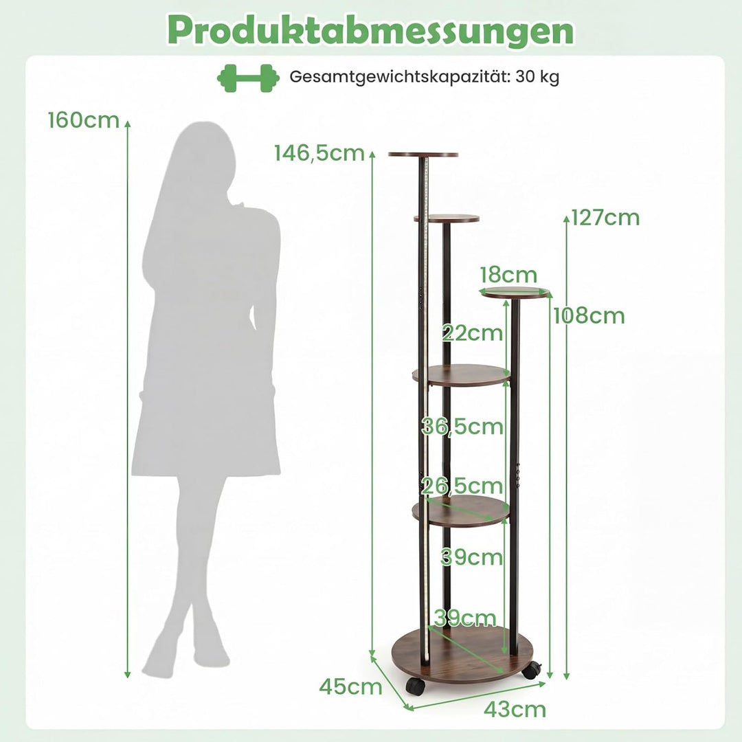 COSTWAY Blumenständer, 6-stufiges Pflanzenständer mit LED-Beleuchtung & Rollen, Pflanzenregal Outdoo