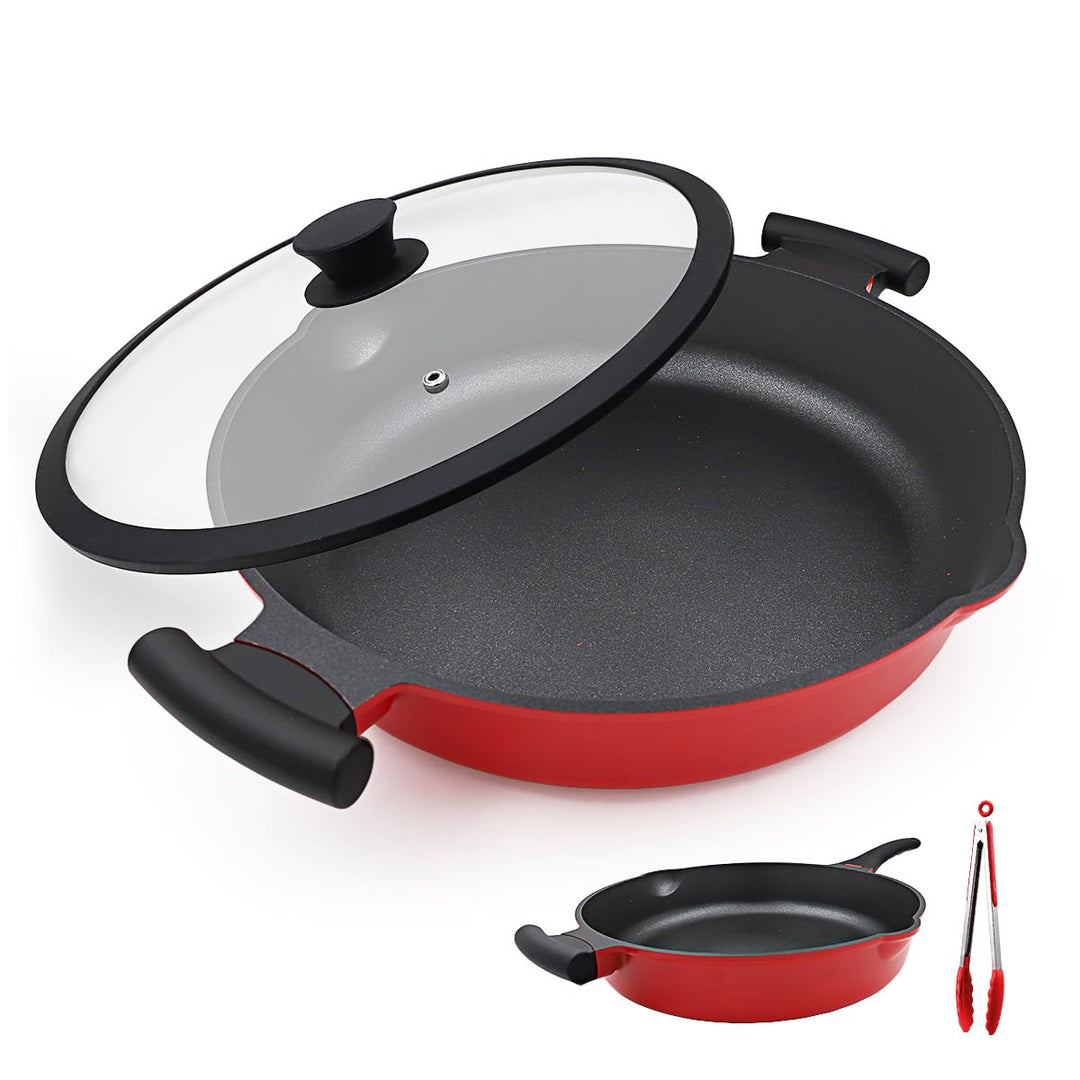 pfanne 32cm mit deckel, 2-In-1 Antihaft Bratpfanne Hoher Rand, Grosse Aluminium Kochpfanne, PTFE & P