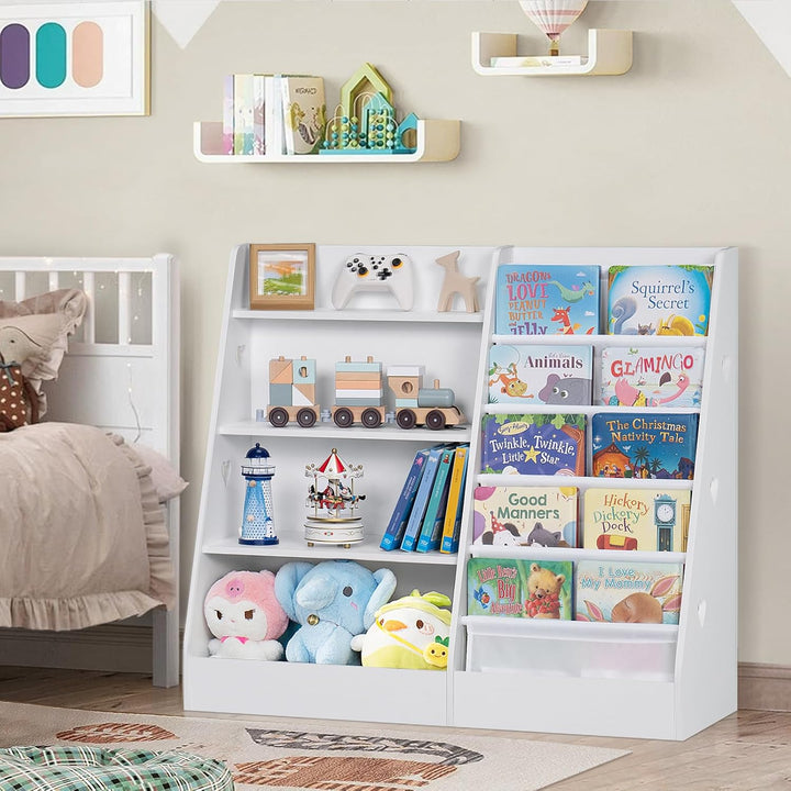 Kinder Bücherregal mit 5 Bücherdisplays und 4 Ablagefächer, Gross Weiss Kinderregal Büchergestell fü