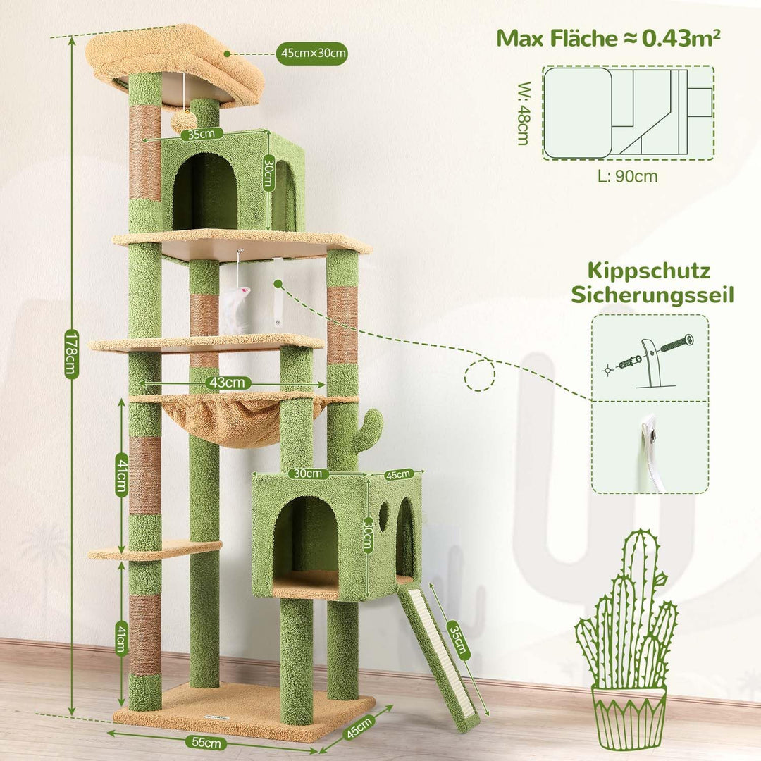Globlazer Kratzbaum Kaktus Grün Grosse hoch 178 cm mit Hängematte Weich 43*36CM, Katzenhaus, Gepolst