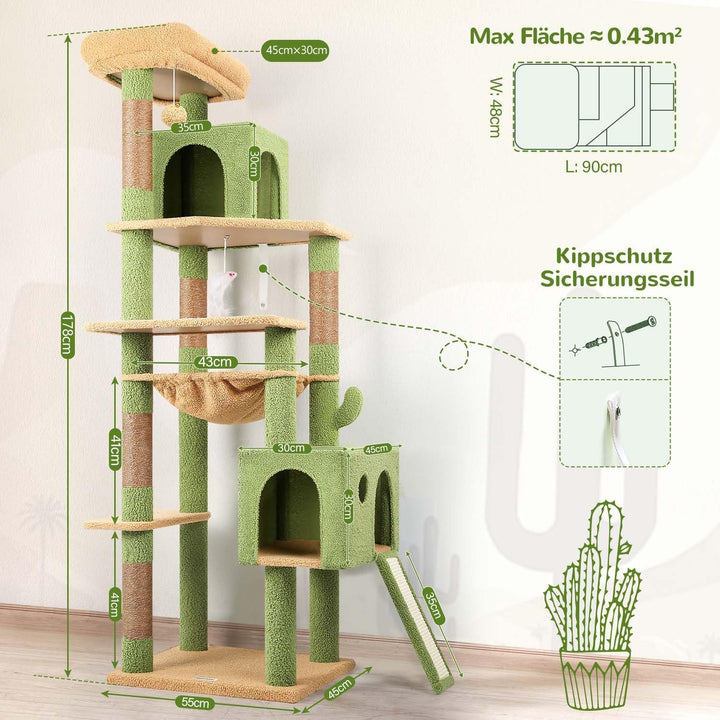 Globlazer Kratzbaum Kaktus Grün Grosse hoch 178 cm mit Hängematte Weich 43*36CM, Katzenhaus, Gepolst