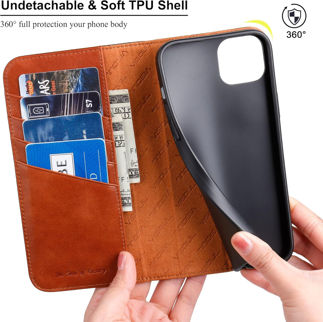 VISOUL iPhone 14 Plus Hülle, Handyhülle [100% Carbon Leder] [RFID Schutz] [Schützt vor Stoss] [Stand