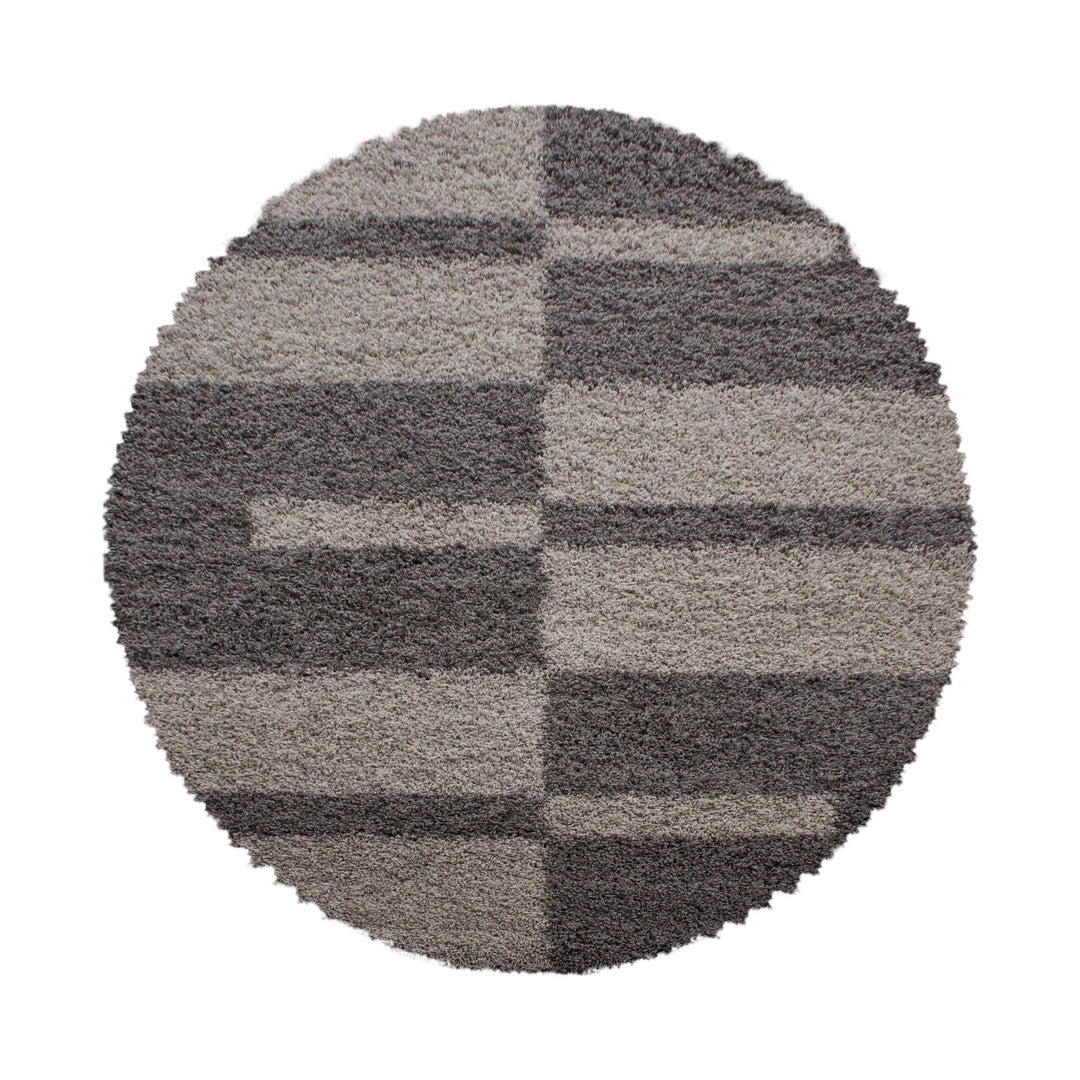 Carpetsale24 Teppich Wohnzimmer Moderne Kariert Design Shaggy Flokati 120 cm Rund Taupe-Beige - Hoch