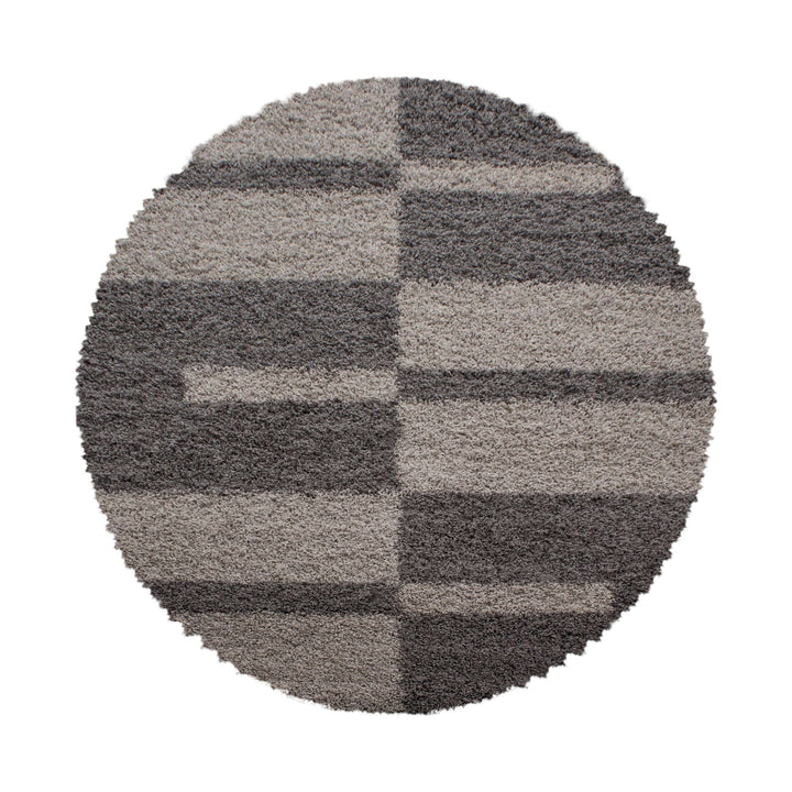 Carpetsale24 Teppich Wohnzimmer Moderne Kariert Design Shaggy Flokati 120 cm Rund Taupe-Beige - Hoch